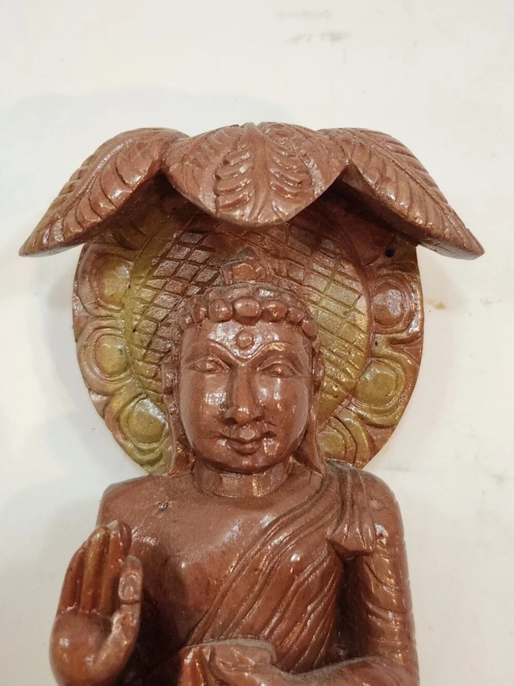 Hand-Carved Natural Soapstone Seated Buddha Statue with Bodhi Leaf Canopy